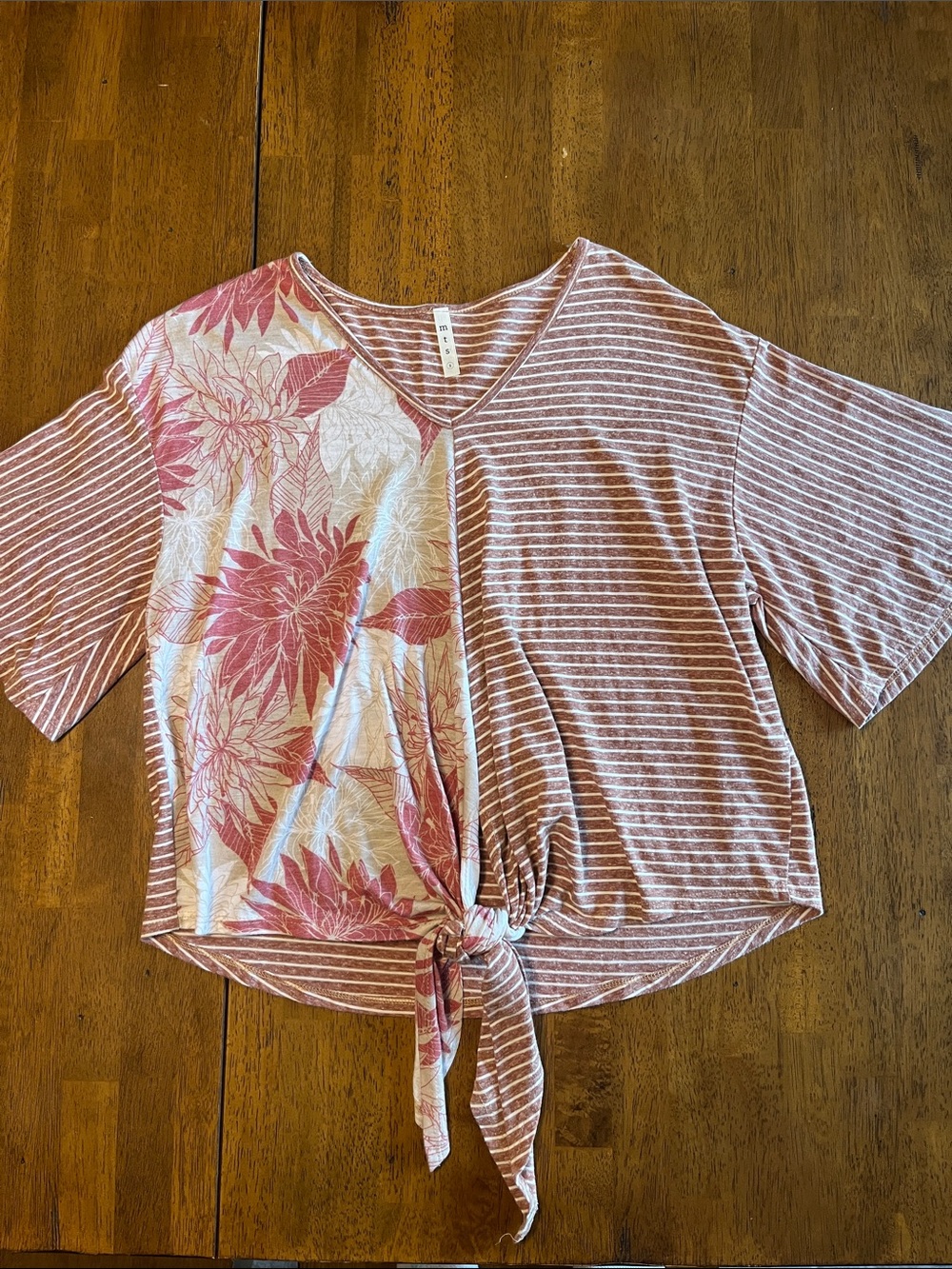 mts Pink Striped & Floral Tie-Front V-Neck Top